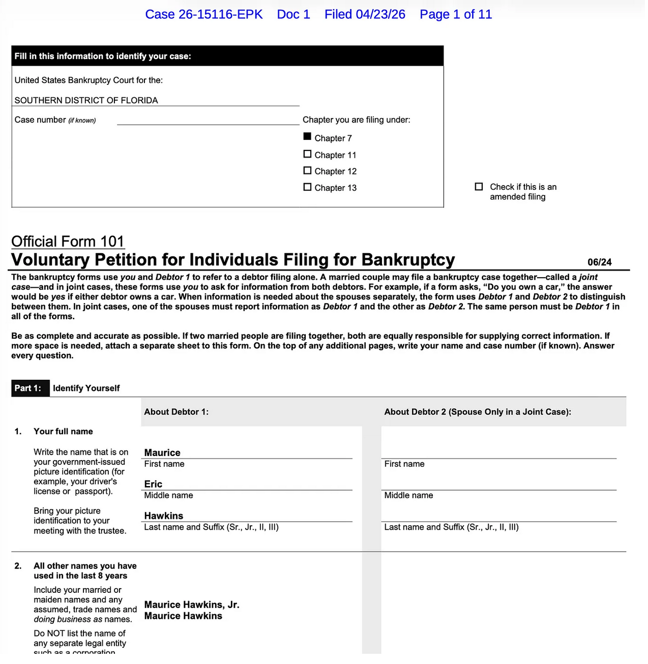 Maurice Hawkins Chapter 7 bankruptcy filing